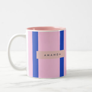 Personalisiertes Rosa und königsblaues Streifendes Zweifarbige Tasse