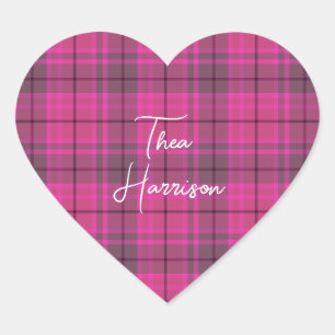 Personalisiertes Rosa und lila kariertes Tartan Herz-Aufkleber