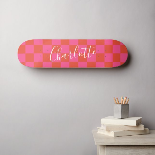 Personalisiertes rosa und orangefarbenes Prüfmuste Skateboard (Wandkunst (Horz))