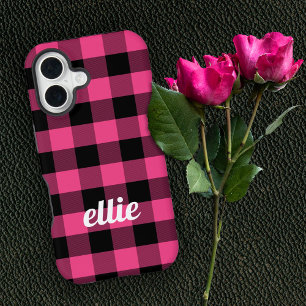 Personalisiertes Rosa und Schwarzes Buffalo Karo iPhone 16 Hülle