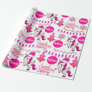 Personalisiertes rosa Unicorns-Weihnachten Geschenkpapier