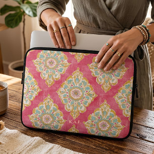 Personalisiertes rosa vintage Blumen-Damast-Monogr Laptopschutzhülle