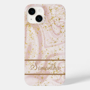 Personalisiertes Rosa Weiß Marmor Wirbel Gold Glit Case-Mate iPhone 14 Hülle
