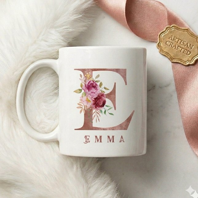 Personalisiertes Roségold-Blumen-Initial E Monogra Kaffeetasse (Von Creator hochgeladen)