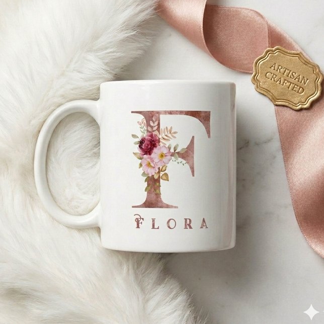 Personalisiertes Roségold-Blumen-Initial F Monogra Kaffeetasse (Von Creator hochgeladen)