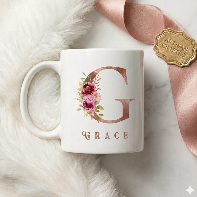 Personalisiertes Roségold-Blumen-Initial G Monogra Kaffeetasse (Von Creator hochgeladen)