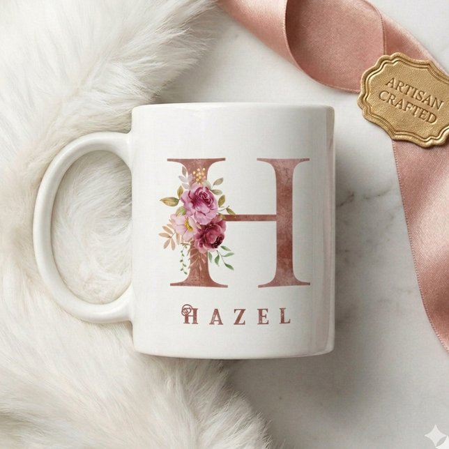 Personalisiertes Roségold-Blumen-Initial H Monogra Kaffeetasse (Von Creator hochgeladen)