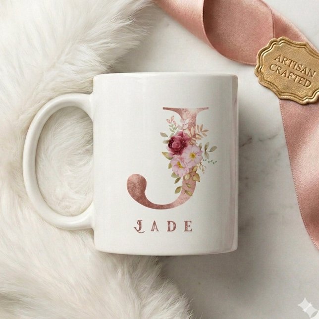 Personalisiertes Roségold-Blumen-Initial J Monogra Kaffeetasse (Von Creator hochgeladen)