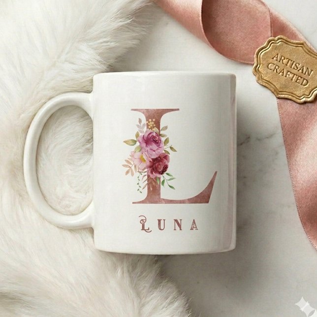 Personalisiertes Roségold-Blumen-Initial L Monogra Kaffeetasse (Von Creator hochgeladen)