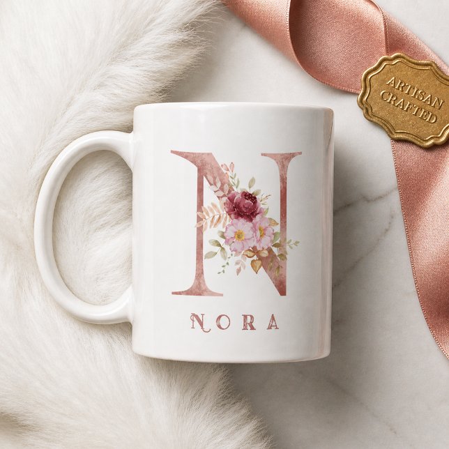 Personalisiertes Roségold-Blumen-Initial N Monogra Kaffeetasse (Von Creator hochgeladen)