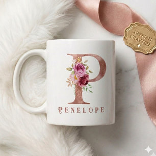 Personalisiertes Roségold-Blumen-Initial P Monogra Kaffeetasse