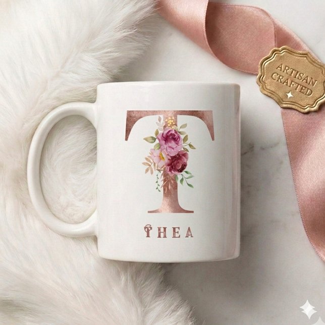Personalisiertes Roségold-Blumen-Initial T Monogra Kaffeetasse (Von Creator hochgeladen)