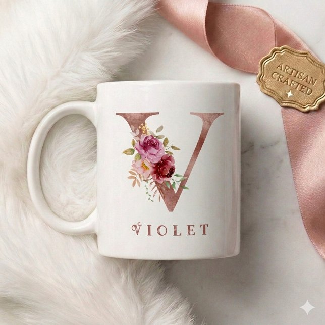 Personalisiertes Roségold-Blumen-Initial V Monogra Kaffeetasse (Von Creator hochgeladen)