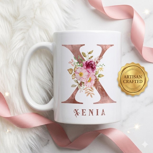 Personalisiertes Roségold-Blumen-Initial X Monogra Kaffeetasse (Von Creator hochgeladen)