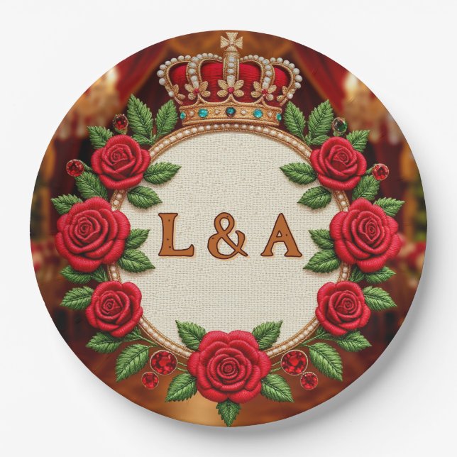 🌹 Personalisiertes Rosenmonogramm Initial Dekor f Pappteller (Vorderseite)