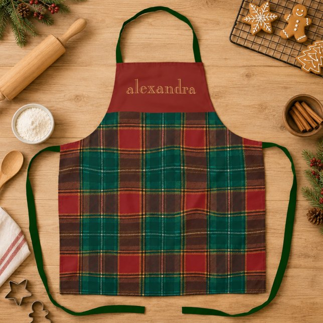 Personalisiertes Rot Grün Tartan Karo Schürze (red green tartan plaid festive Christmas apron with custom monogram name)