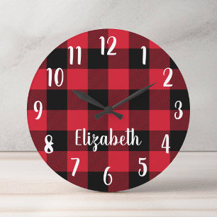 Personalisiertes Rot-Schwarz-Buffalo-Karo Runde Wanduhr