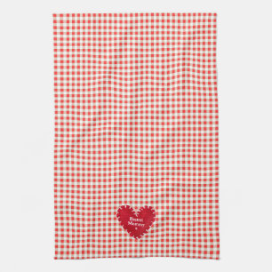 Personalisiertes rotes Filzherz Gingham Muttertag Geschirrtuch