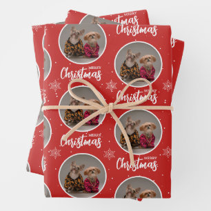 Personalisiertes rotes Frohe Weihnachten 1 Foto Geschenkpapier Set