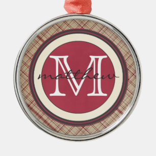 Personalisiertes rotes kariertes Monogramm Ornament Aus Metall