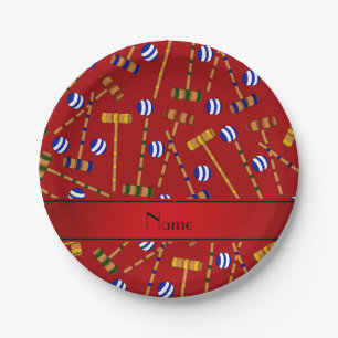Personalisiertes rotes Krokettenmuster Pappteller