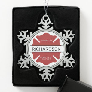 Personalisiertes Rotes Logo-Symbol für den Feuerwe Schneeflocken Zinn-Ornament