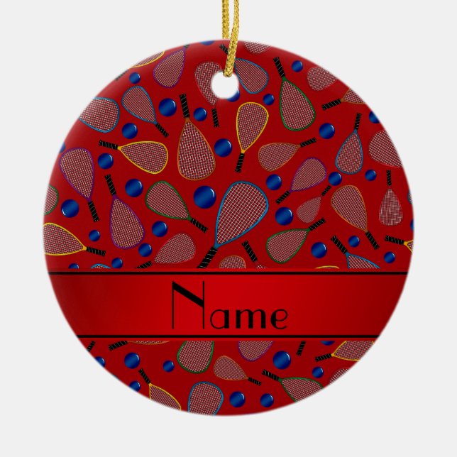 Personalisiertes rotes Racquetballnamensmuster Keramikornament (Vorne)