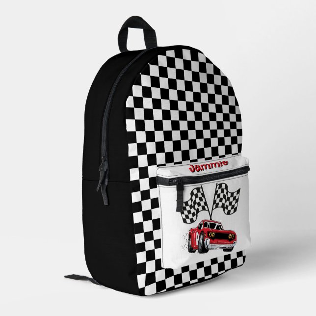 Personalisiertes rotes Rennauto Bedruckter Rucksack (Rückseitige Ecke links)