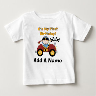 Personalisiertes rotes Rennen-Auto-1. Baby T-shirt