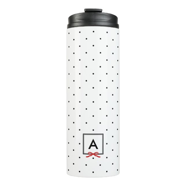 Personalisiertes rotes Ribbon Polka Dot Pattern Mo Thermosbecher (Vorderseite)