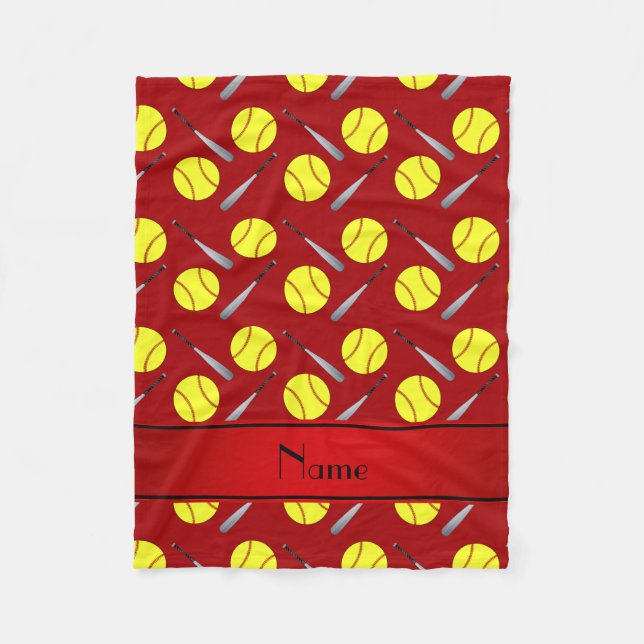 Personalisiertes rotes Softballnamensmuster Fleecedecke (Vorderseite)