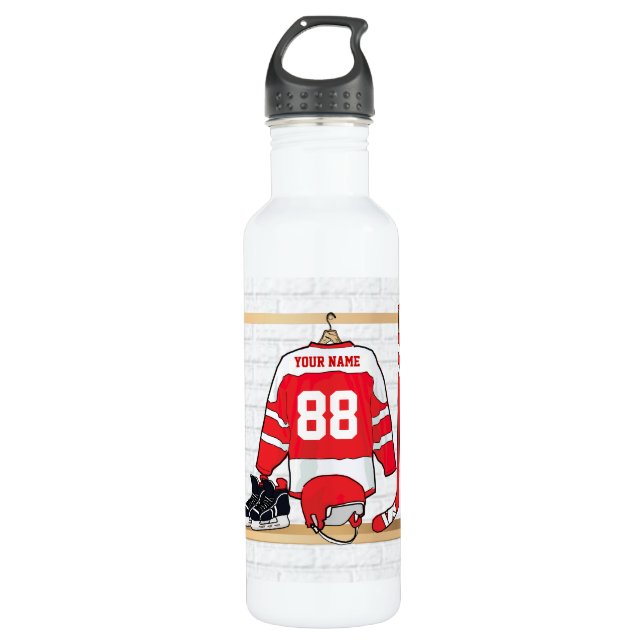 Personalisiertes rotes und weißes Eis-Hockey Edelstahlflasche (Vorderseite)