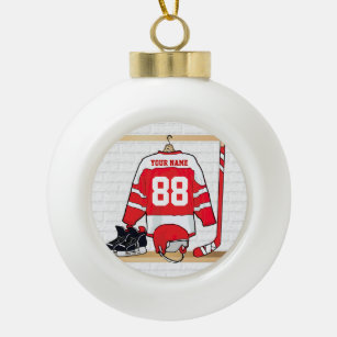 Personalisiertes rotes und weißes Eis-Hockey Keramik Kugel-Ornament
