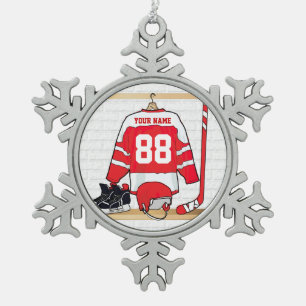 Personalisiertes rotes und weißes Eis-Hockey Schneeflocken Zinn-Ornament