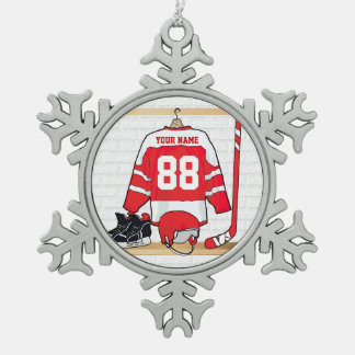 Personalisiertes rotes und weißes Eis-Hockey Schneeflocken Zinn-Ornament