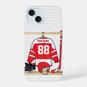 Personalisiertes rotes und weißes Eishockey-Trikot iPhone 15 Hülle