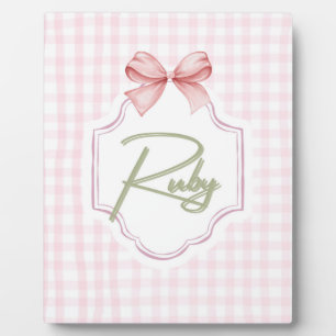 Personalisiertes Ruby-Babymädchen-Kinderzimmer-Bow Fotoplatte