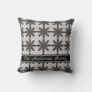 Personalisiertes Rustikales Burlap Black Snowflake Kissen