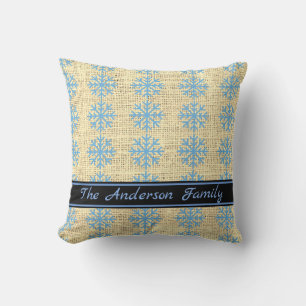 Personalisiertes Rustikales Burlap Blue Snowflake  Kissen