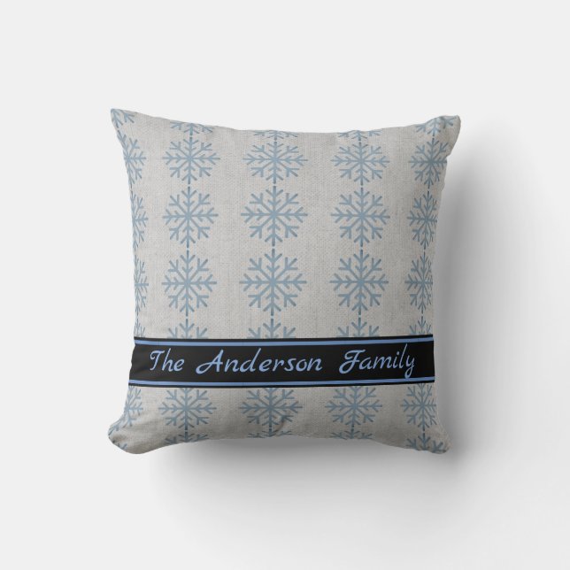 Personalisiertes Rustikales Burlap Blue Snowflake  Kissen (Vorderseite)