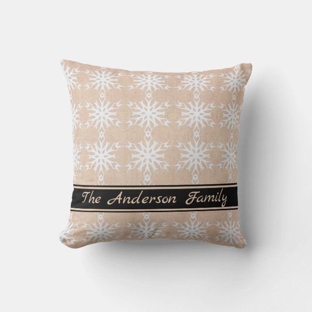 Personalisiertes Rustikales Burlap White Snowflake Kissen (Vorderseite)