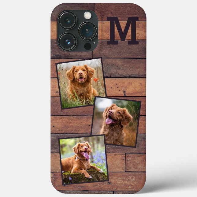 Personalisiertes rustikales Holz Monogramm 3 Foto Case-Mate iPhone Hülle (Rückseite)