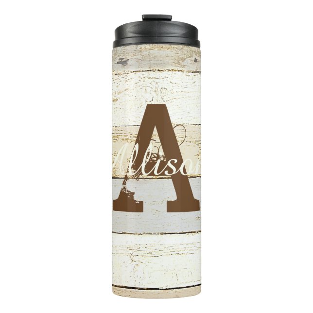 Personalisiertes rustikales Holz und Buchstabe Thermosbecher (Vorderseite)