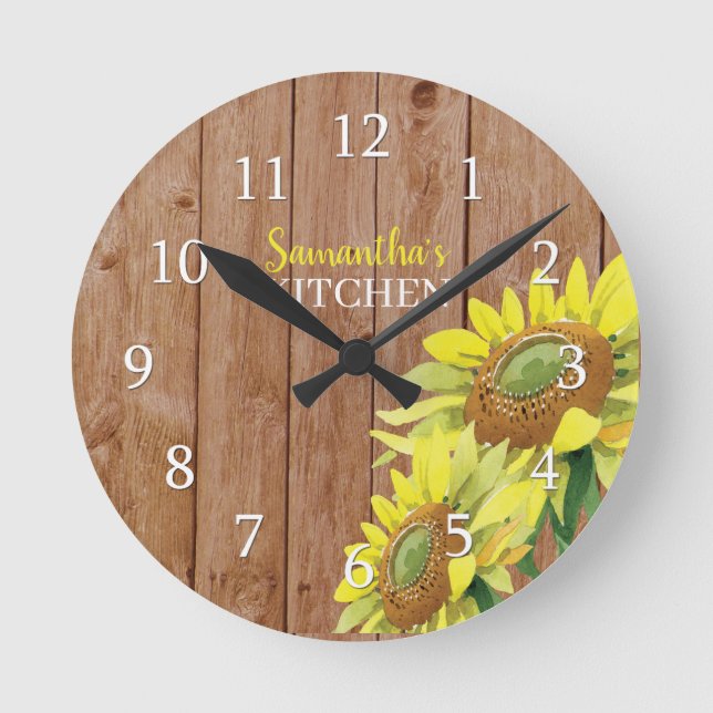 Personalisiertes rustikales Holz und Sonnenblumenk Runde Wanduhr (Vorderseite)
