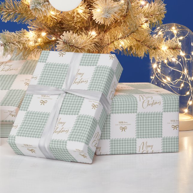 Personalisiertes Salbeigrün Gingham Frohe Weihnach Geschenkpapier (Feiertage)
