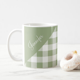 Personalisiertes Salbeigrün Gingham Kaffeetasse