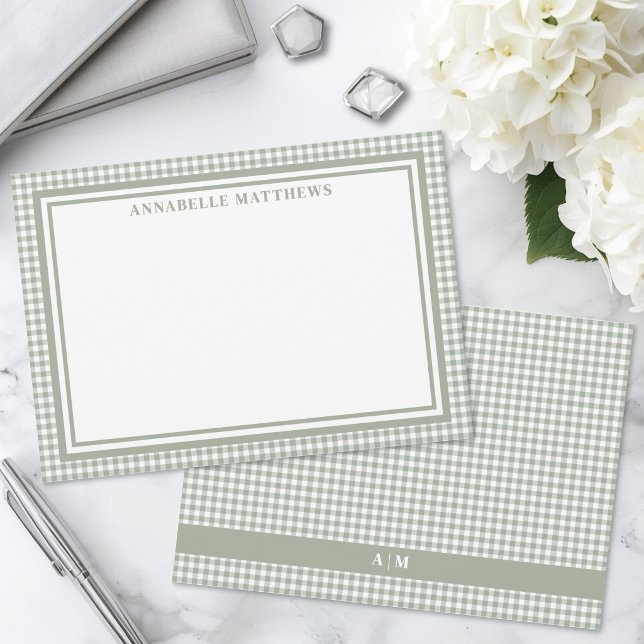 Personalisiertes Salbeigrün Gingham Karo Mitteilungskarte (Sage Green Gingham Plaid Personalized Note Card)