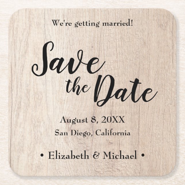 Personalisiertes Save the Date bedrucktes Holz Rechteckiger Pappuntersetzer (Vorderseite)