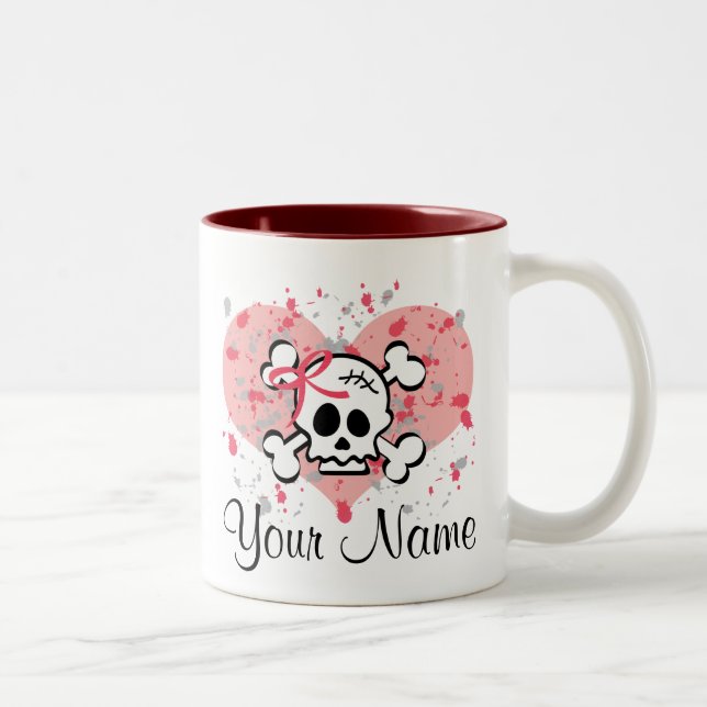 Personalisiertes Schädel-Tassen-Rosa-Bogen-Herz Zweifarbige Tasse (Rechts)