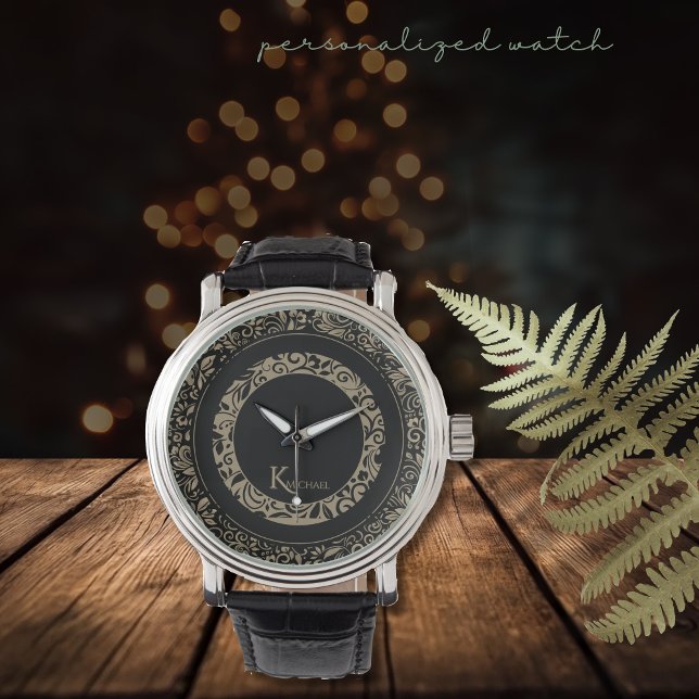 Personalisiertes Schwarz-Glattmuster-Monogramm Armbanduhr (Personalized Black Gold Floral Pattern Monogram Watch)